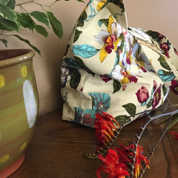 Handmade Women's Floral Bird Yellow Canvas Tote Bag with pocket, Large Unique - Picture 2 of 9